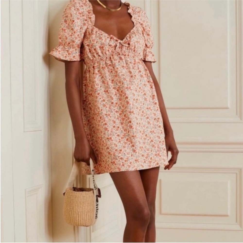 Reformation Channa Linen Ditsy Floral Puff Sleeve Mini Dress Orange Cream Size M